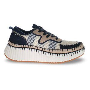 Claudia Ghizzani Whipstitch Chunky Heel Sneakers in Navy Blue and Cream, size 37